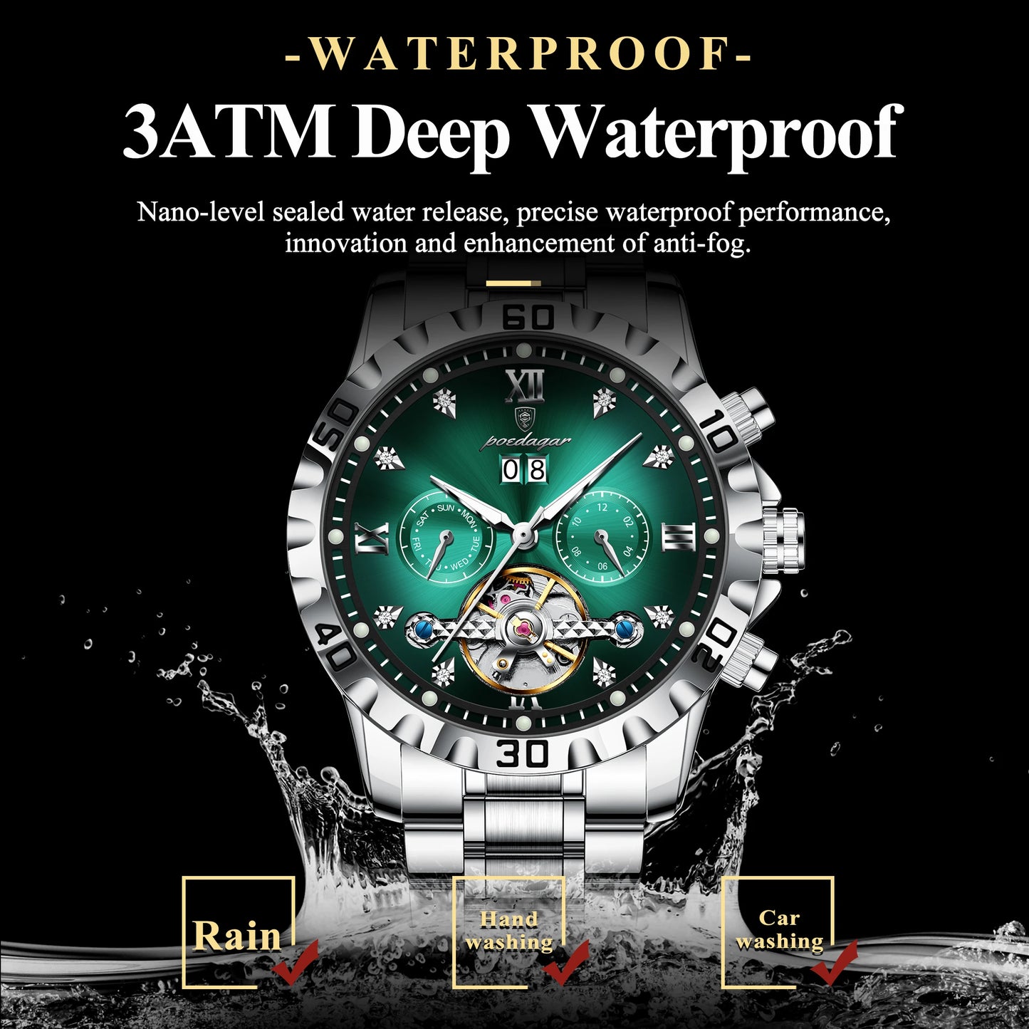 POEDAGAR Fashion Luxury Men Watch Automatic Date Week Man Wristwatch Hollow Tourbillon Mechanical Stainless Steel Men's Watches
