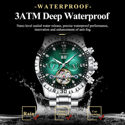 POEDAGAR Fashion Luxury Men Watch Automatic Date Week Man Wristwatch Hollow Tourbillon Mechanical Stainless Steel Men's Watches