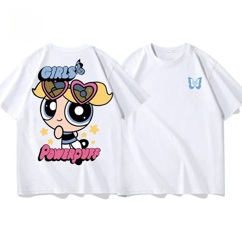 The Powerpuff Girls Collaboration Short-sleeved T-shirt for Men Women Casual Loose Pure Cotton Short Sleeve Versatile Sports Top