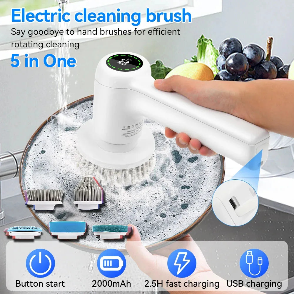 Electric Cleaning Brush 5 In 1 Electric Spin Cleaning Scrubber USB Rechargeable Electric Rotary Scrubber Household Appliances