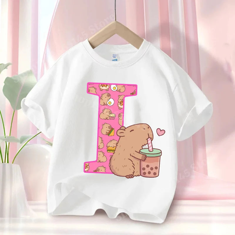 Summer Capibara Anime Letter A-Z Cute Printed Children's T-shirt Girls Short Sleeve Cotton Fashion Tops Kids Clothes Casual Tees