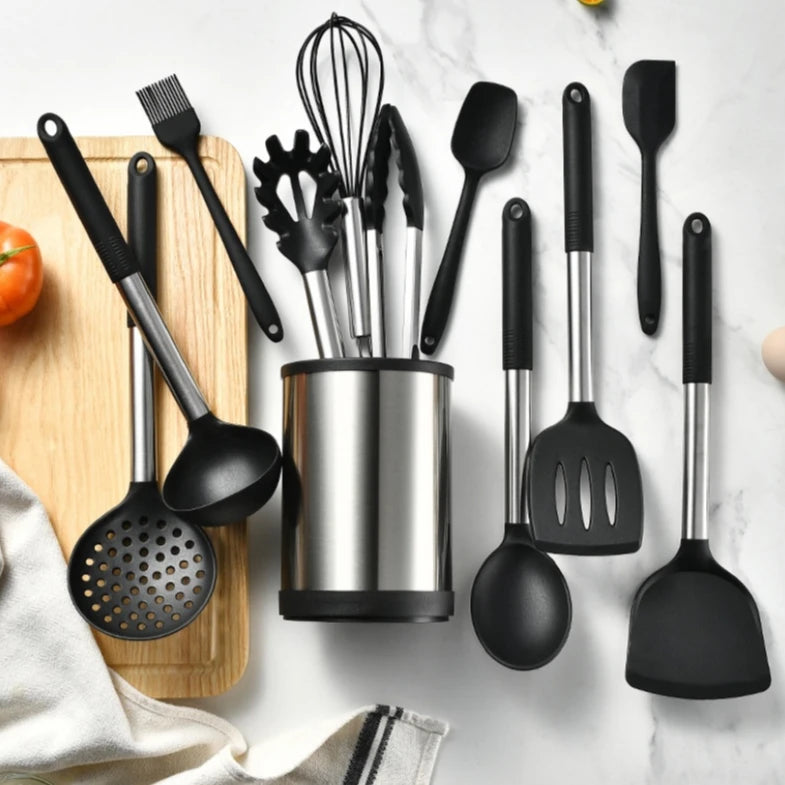 12PCS 360 Degree Rotating Base Cooking Tool Sets Non-toxic Baking Kitchen Utensils Silicone Shovel Spoon Scraper Brush Turner
