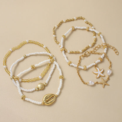 Vintage Seed Bead Stacked Bracelet Set Starfish Shell Embellishment Bracelets Elegant Women's Summer Beach Party Ideal Jewelry
