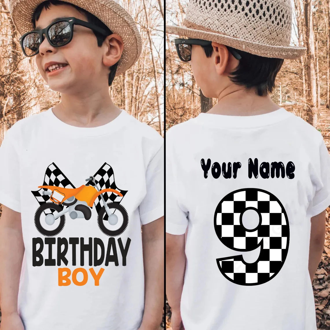 Personalized Name Boys Tshirt Motorcycle Birthday Tshirt1-9year Kids Tshirt Birthday Party Gift Fron/ Back Print Patterns Tshirt