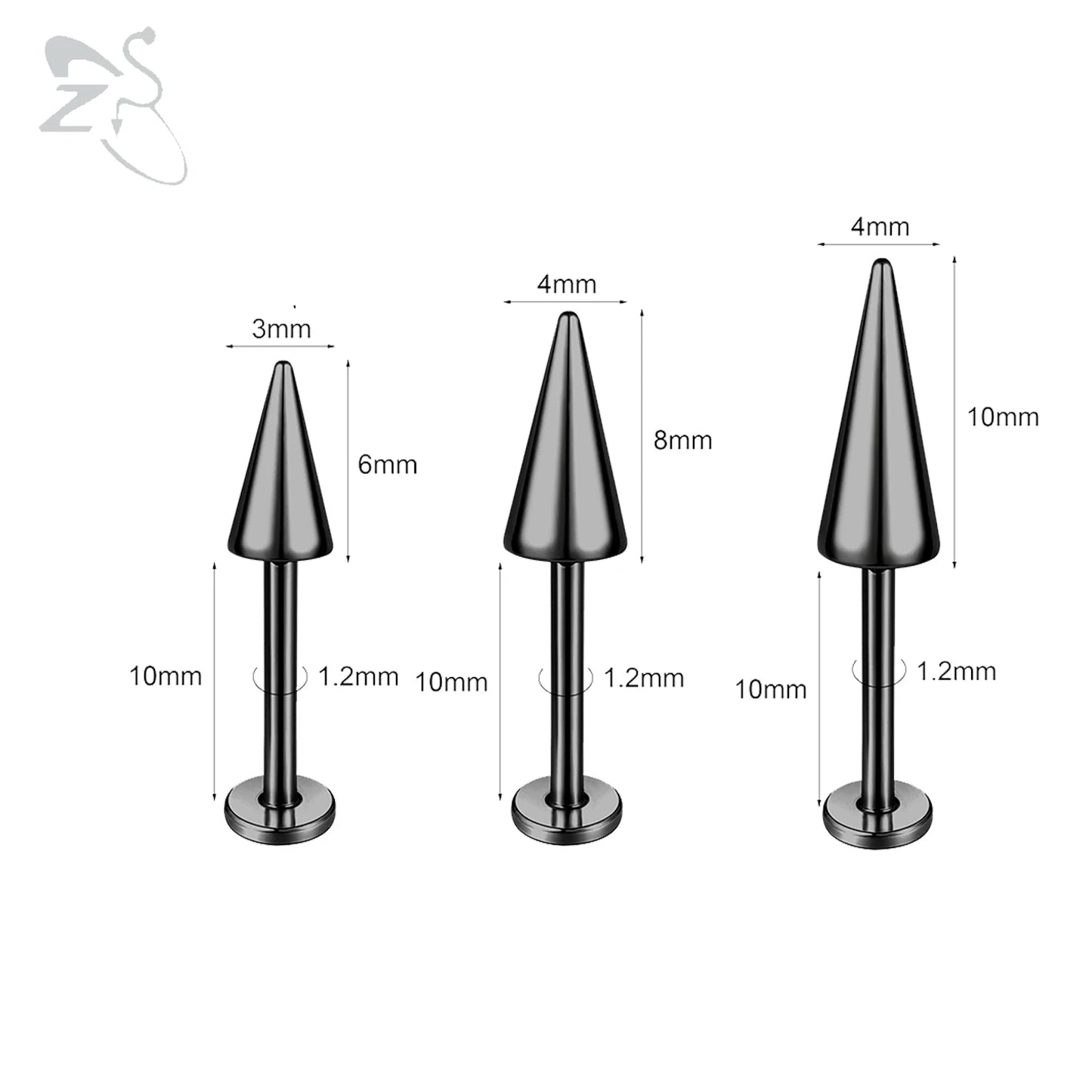 ZS 3pcs/lot 16g Cone Spike Labret Stud Surgical Steel Cartilage Earrings Black Color Barbell Piercing Tragus Helix Rook Jewerly