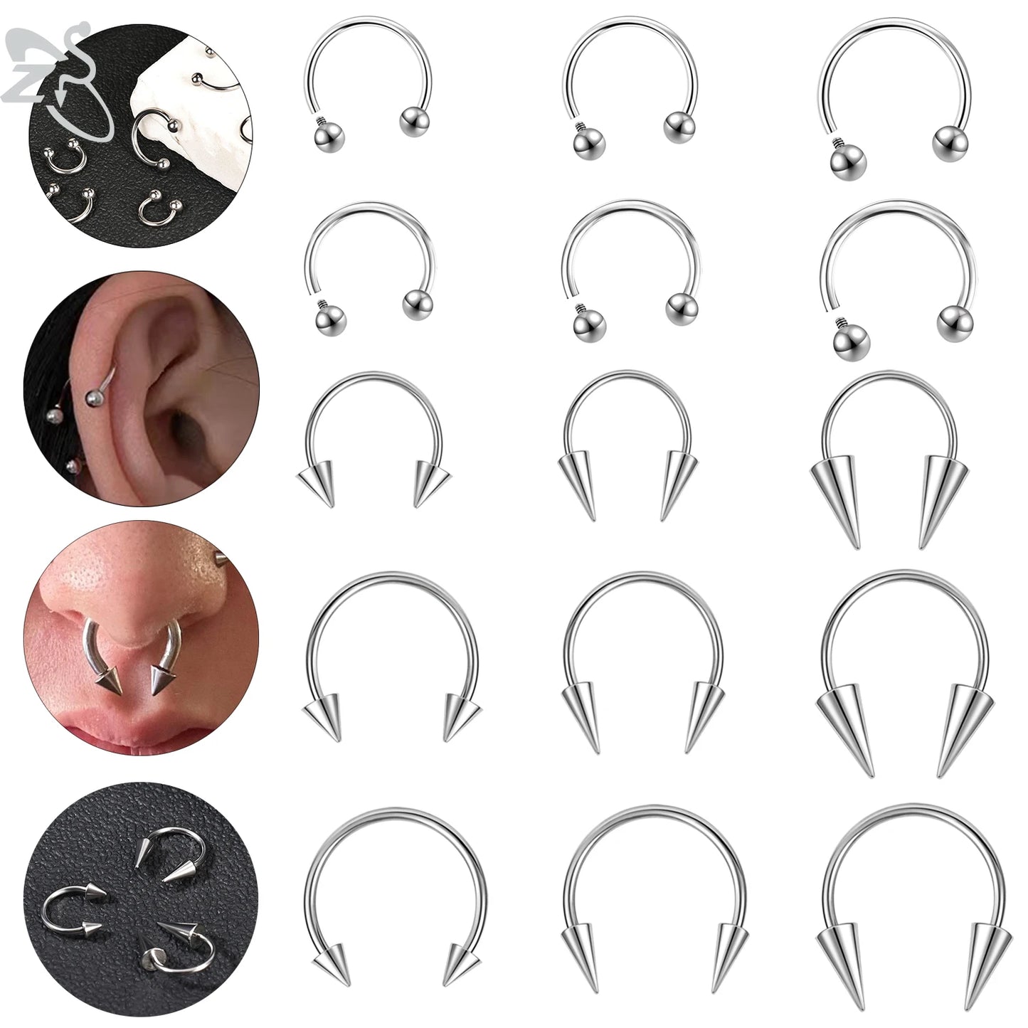 ZS 1PC 16G/18G Spike Nose Rings Stainless Steel Septum Clicker Silver Color Ear Helix Diath Internal Thread Tragus Piercing