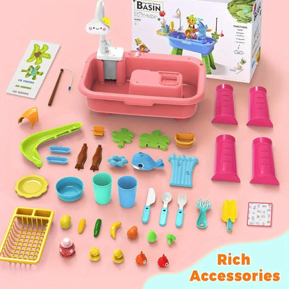 Kids Play Sink with Running Water & Electric Faucet,Water table with Pump,Tableware & Fishing Game,Toy Kitchen Sets for Kids
