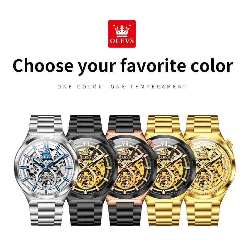 OLVES 6722 Mens Watch Original Luxury Skeleton Automatic Mechanical Watch Waterproof Luminous Stainless Steel Watches For Man