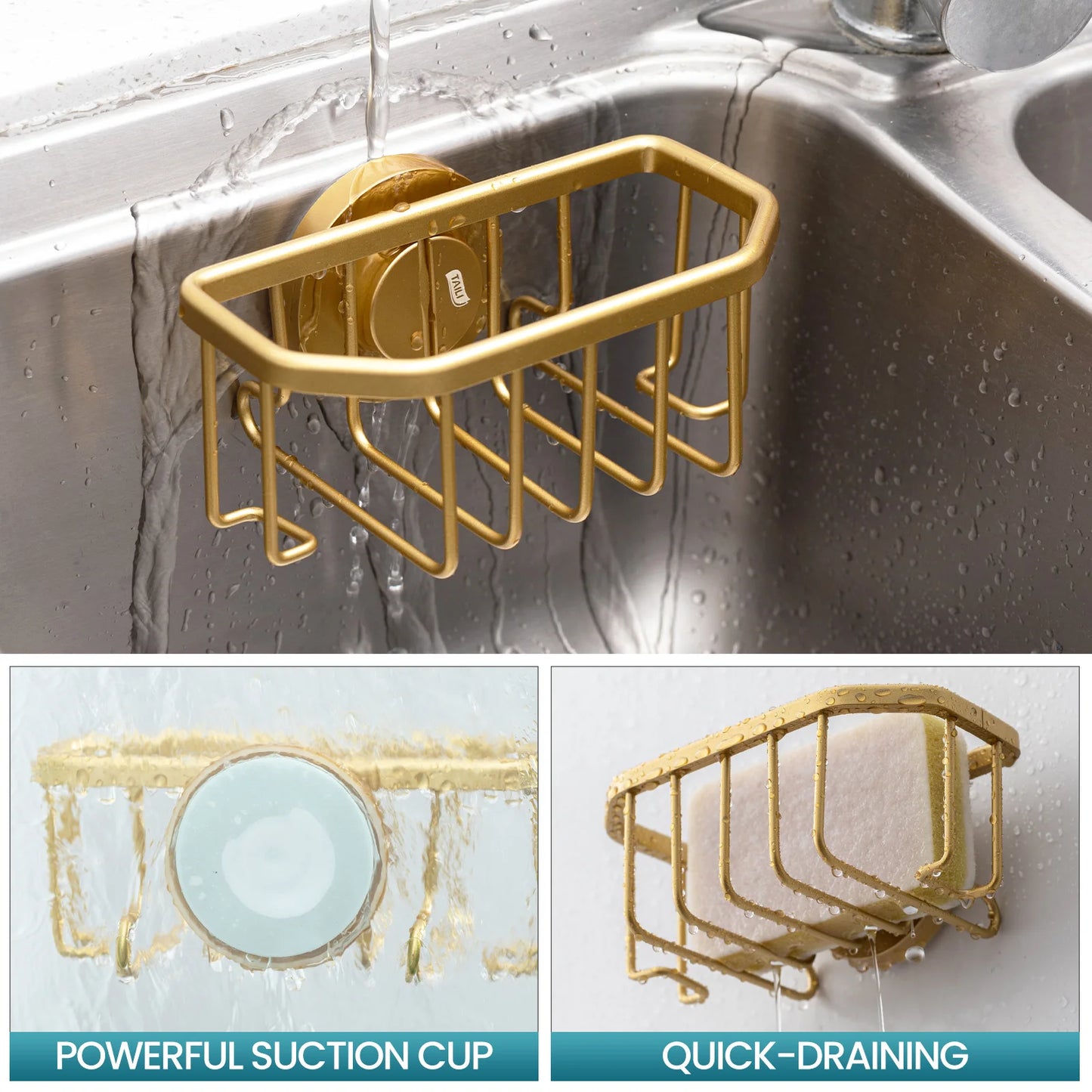 TAILI Gold Sponge Holder for Kitchen Sink with Strong Suction Cup Removable, Rustproof Aluminum Sink Caddy for Sponge, Brush