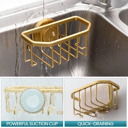 TAILI Gold Sponge Holder for Kitchen Sink with Strong Suction Cup Removable, Rustproof Aluminum Sink Caddy for Sponge, Brush