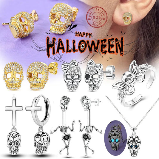 Halloween Earrings Ring Necklace 925 Sterling Silver Sparkling Skull Bow Stud Drop Earring For Women Men Halloween Party Jewelry