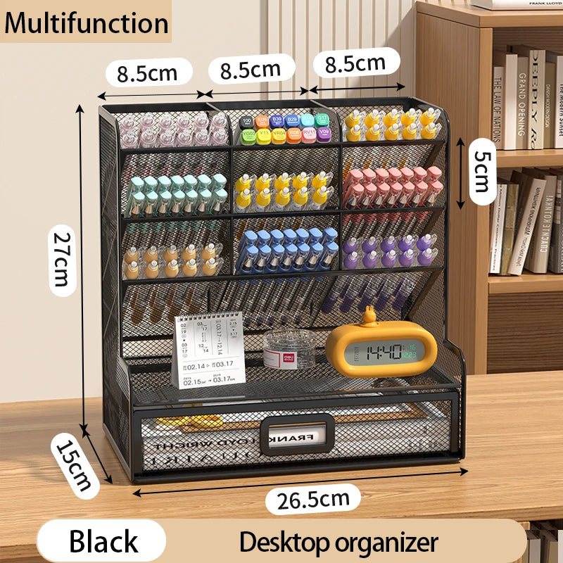 Desk Organizer Mesh Desktop Office Supplies Pen Holder Stationery Holder with 9 Compartments and 1 Drawer for Office Home School