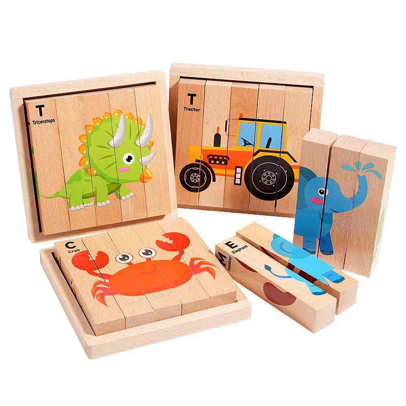 Wooden Stereoscopic Strip Animal Transport Building Blocks, Traffic Dinosaur Puzzle Enlightenment Toy, 4-sided Pattern Puzzle