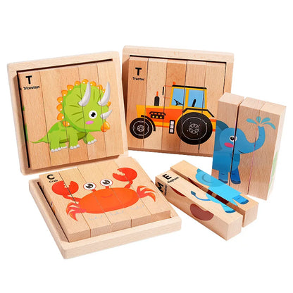 Wooden Stereoscopic Strip Animal Transport Building Blocks, Traffic Dinosaur Puzzle Enlightenment Toy, 4-sided Pattern Puzzle