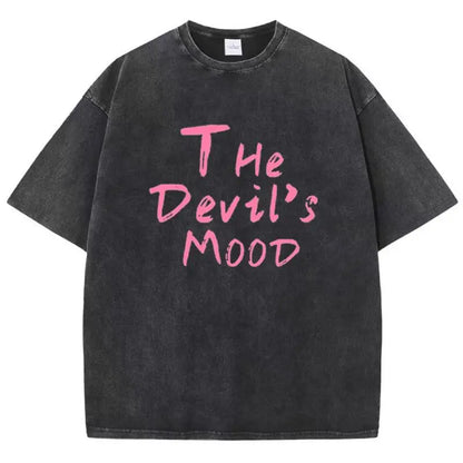 Fashion Womans Cotton Washed T-shirts The Devil's Moon Letter Prints Tops Casual O-Neck Oversize Tees Street Female Clothes