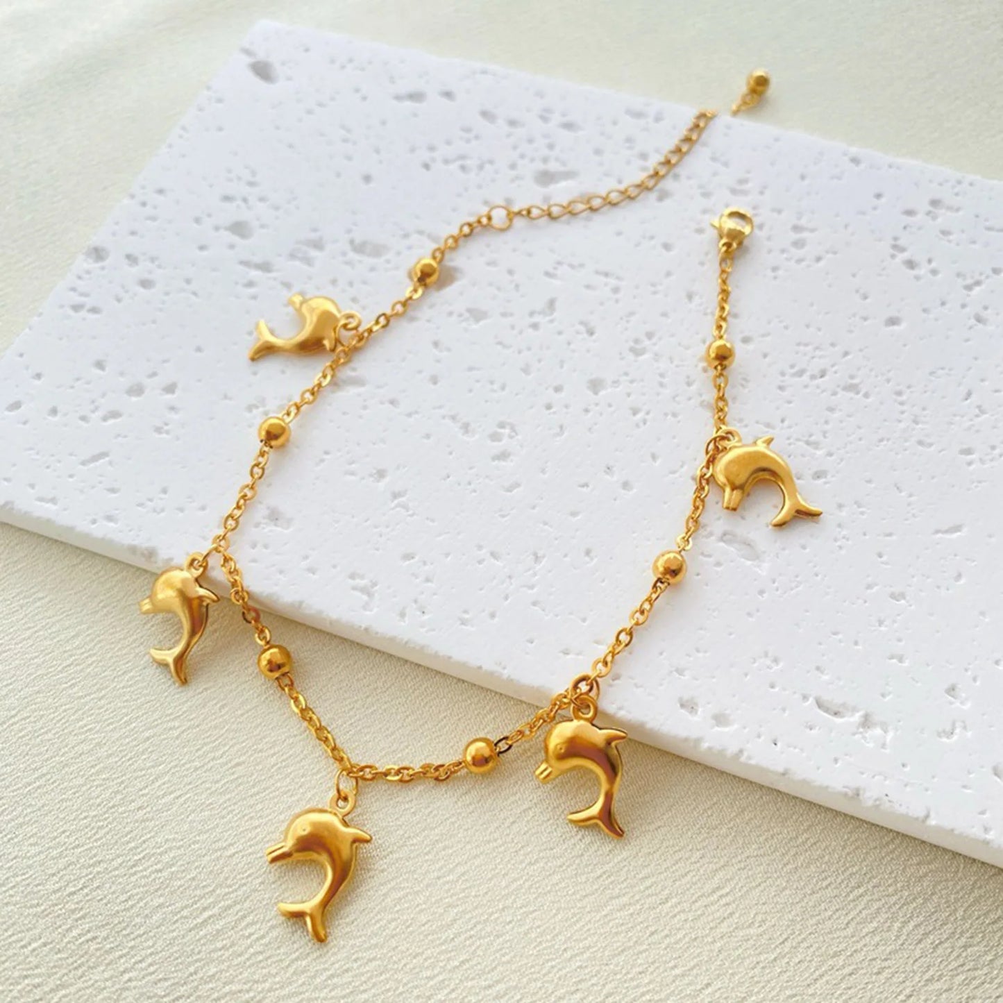 New Stainless Steel Link Cable Chain Anklet Gold Color Marine Animal Dolphin.Starfish For Women Beach 21cm(8 2/8") Long, 1 Piece