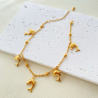 New Stainless Steel Link Cable Chain Anklet Gold Color Marine Animal Dolphin.Starfish For Women Beach 21cm(8 2/8") Long, 1 Piece