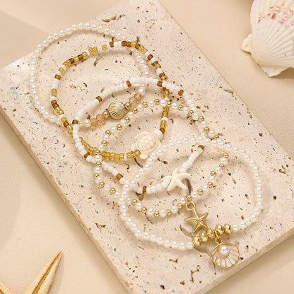 Elegant Multi-layer Imitation Pearl Bracelet Starfish Shell Turtle Pendant Bracelet Women's Summer Party Dating Jewelry