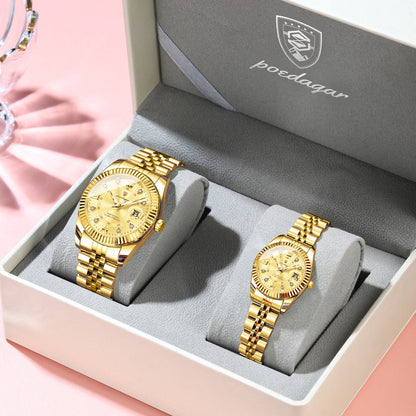 POEDAGAR Top Luxury Couple's Watches Luminous Date Classic Watches For Couple Quartz Stainless Steel Couple Watch Lovers Set+Box