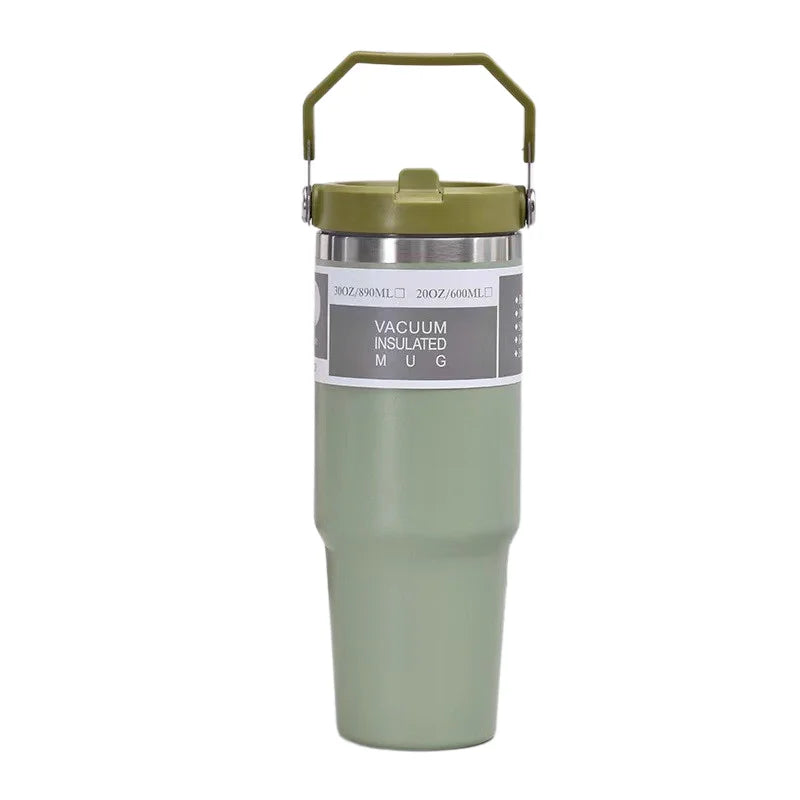 30oz Large Capacity Portable Car Cup Stainless Steel Thermos Cup with Straw & Handle Travel Sports Water Bottle Vacuum Flask