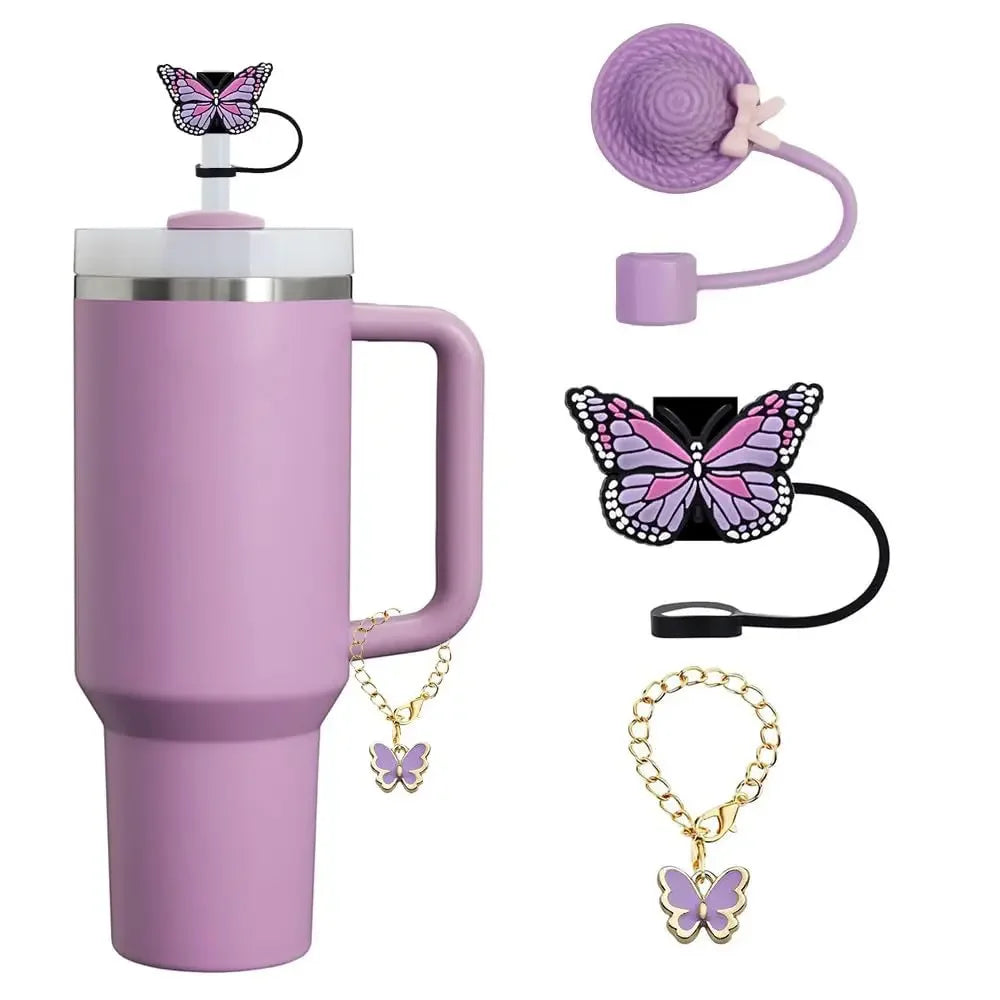 3pcs Accessories Set 1 Spill Proof Stopper Butterfly Straw Cover Boot 1 Straw and Brush and 1 Flower Charm Chain for Stanley Cup