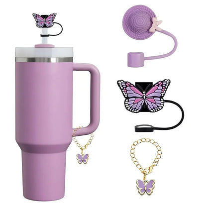 3pcs Accessories Set 1 Spill Proof Stopper Butterfly Straw Cover Boot 1 Straw and Brush and 1 Flower Charm Chain for Stanley Cup
