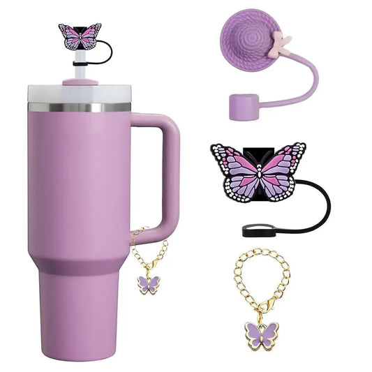 3pcs Accessories Set 1 Spill Proof Stopper Butterfly Straw Cover Boot 1 Straw and Brush and 1 Flower Charm Chain for Stanley Cup