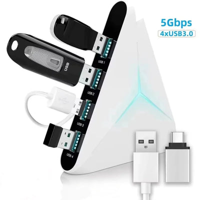 4 Ports USB 3.0 Docking Station 39inch Cable USB Hub 5Gbps LED Light USB &Type C Splitter Adapter for Laptop PC Keyboard Phone