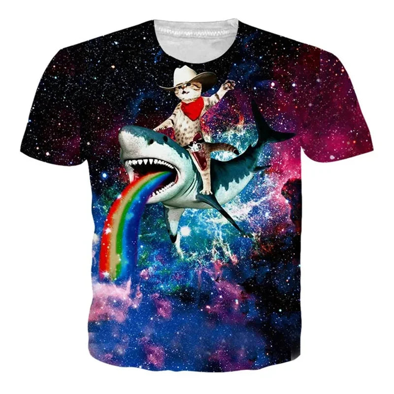Summer 3D Print Funny Cats T Shirt Men Galaxy Cat Graphic Short Sleeve Personality Casual O-neck Street Round Neck Tees Clothes