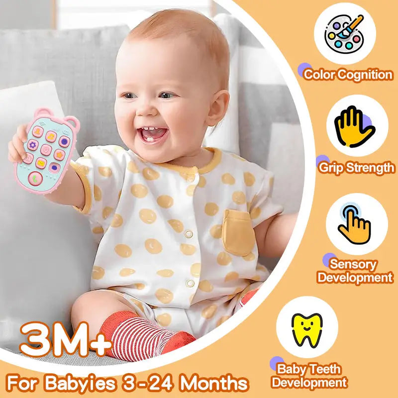 Baby Soft Silicone Phone Remote Control Teether Toy BPA Free Bear Shaped Nursing Teething Toys for Toddler Sensory Development