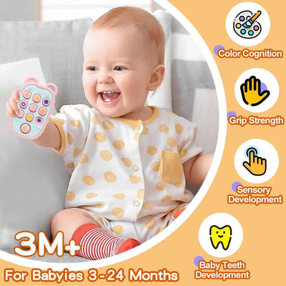 Baby Soft Silicone Phone Remote Control Teether Toy BPA Free Bear Shaped Nursing Teething Toys for Toddler Sensory Development