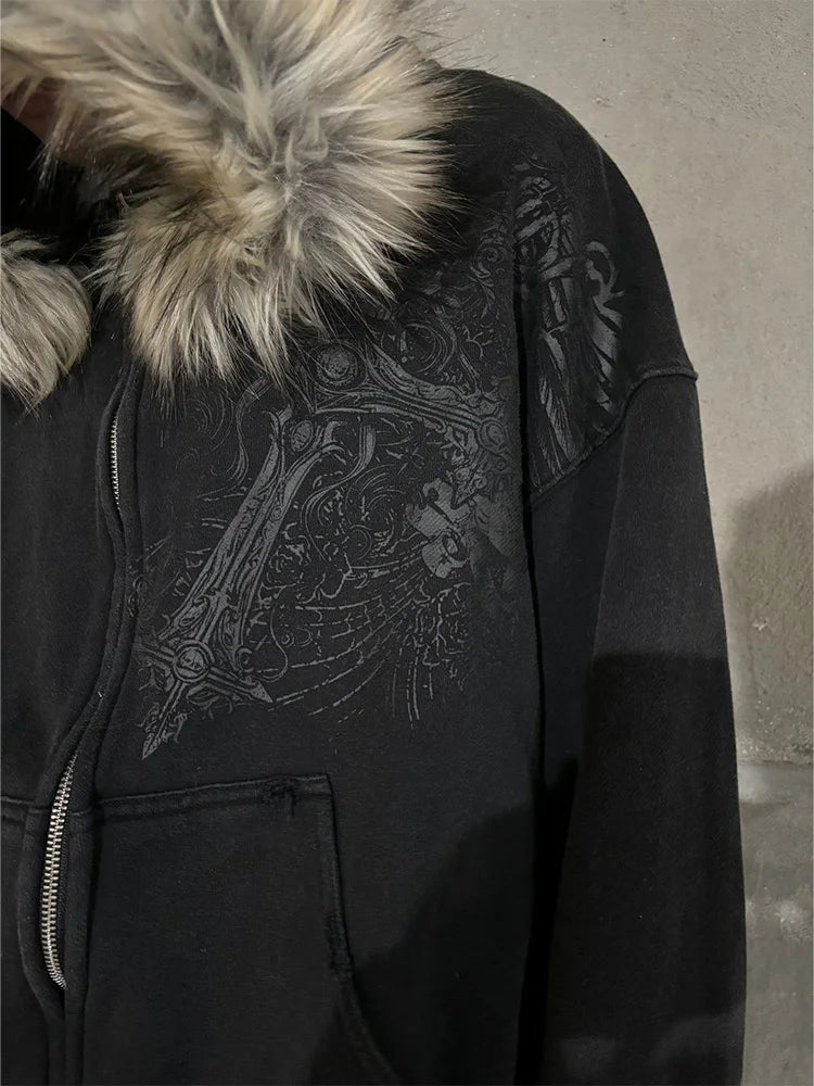 Autumn/Winter Y2k Women Aesthetic Harajuku Faux Fur Collar Hoodies Clothes Graphic Hip Hop Punk Gothic Zip Up Hoodies 2025 new