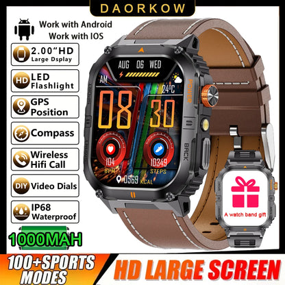 New 1000mAh military outdoor smartwatch for men, LED flashlight, IP68 waterproof, GPS sports, 2.01-inch Bluetooth call smartwatc