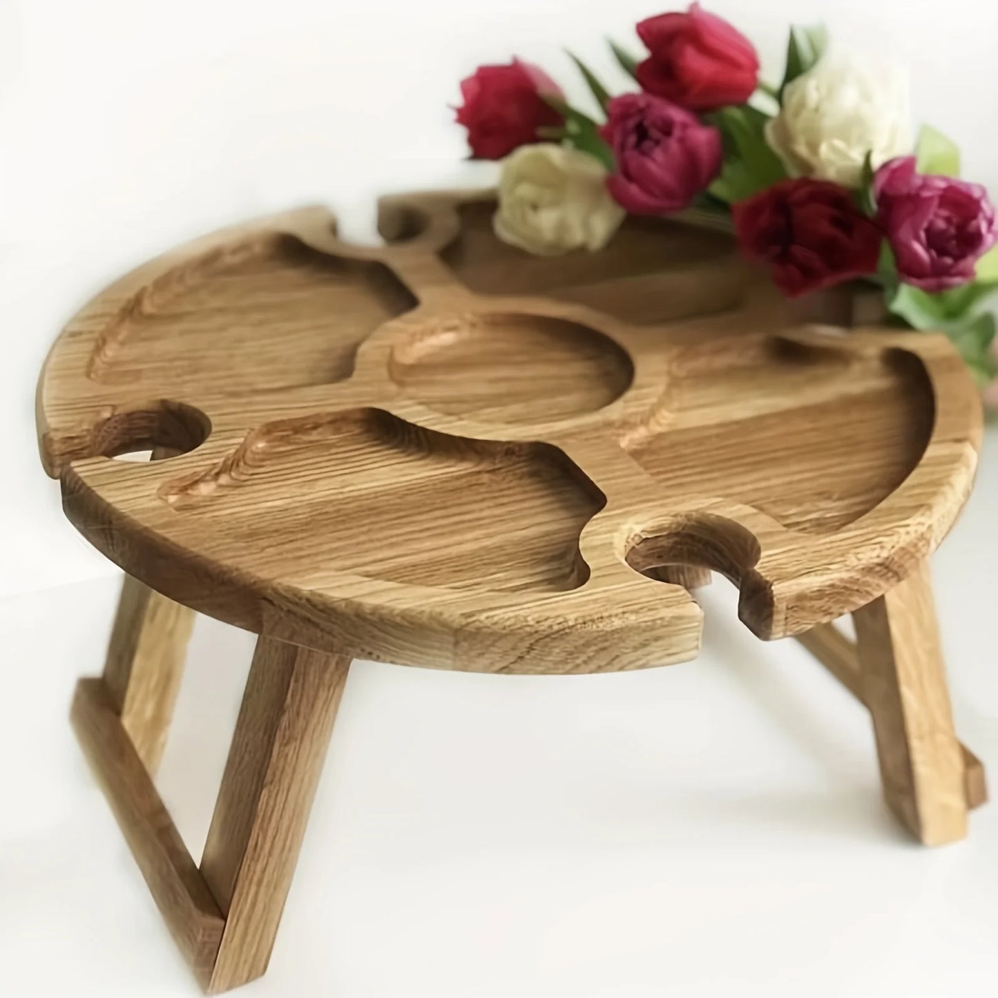 Foldable Wooden Picnic Table Outdoor Red Wine Table With Glass Cup Holder 2in1 Portable Fruit Plate Snack Desk For Beach Garde