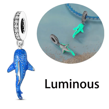 925 Sterling Silver Luminous Color-Changing Shark Dangle Charm Animals Pendant Fit Original Bracelet DIY Women Jewelry Gift
