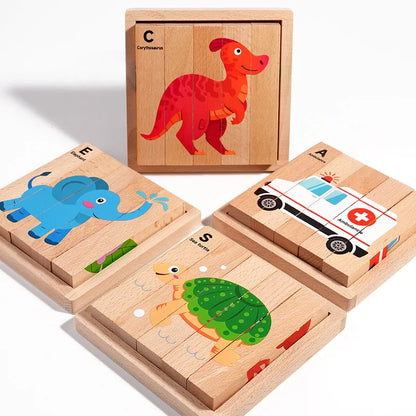 Wooden Stereoscopic Strip Animal Transport Building Blocks, Traffic Dinosaur Puzzle Enlightenment Toy, 4-sided Pattern Puzzle