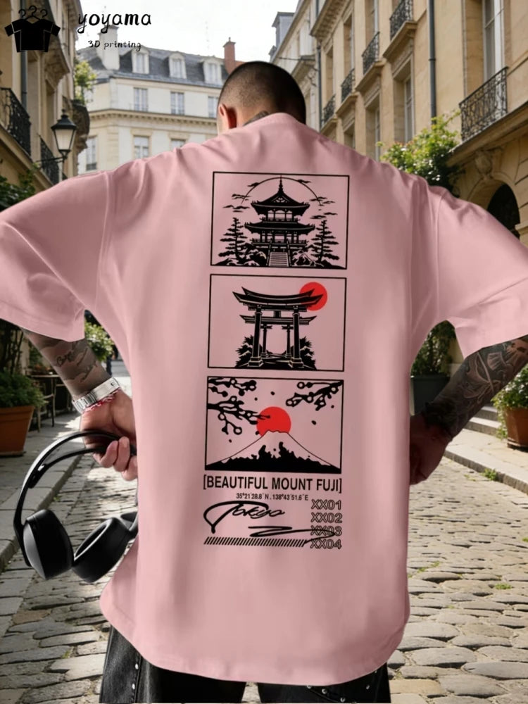 Men's T-Shirts Fuji Mountain Cherry Blossom Print Summer Autumn Harajuku Daily Sports Comfortable Casual Loose Short-Sleeve Top