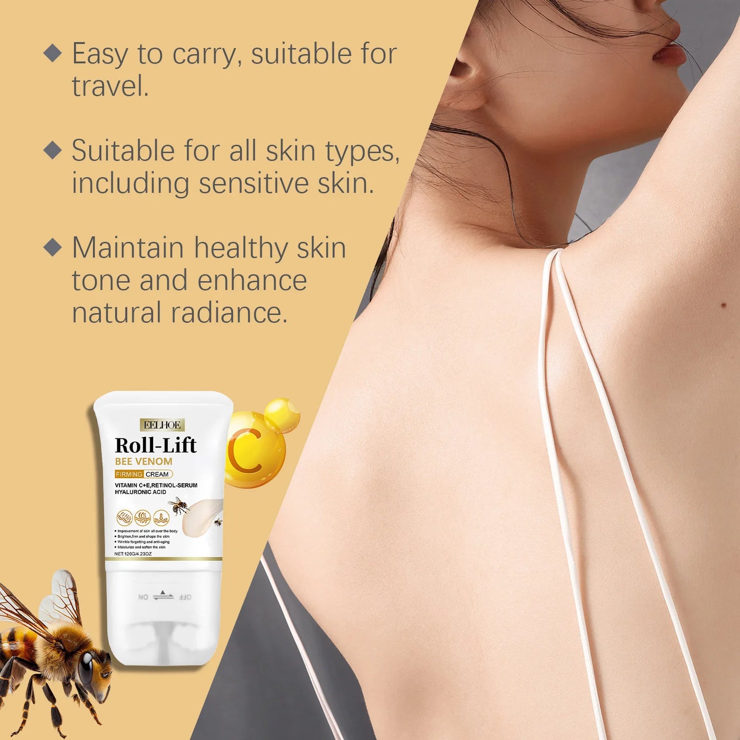 EELHOE Bee Venom Cellulite and Sagging Cream Firming Body Skin Tightening Neck Arm Belly Buttocks Deep Hydration Roller Cream