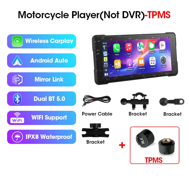 Srnubi 6.86" Motorcycle DVR or Player 1080P Dual Cam GPS Navigation Wireless Carplay Android Auto Stereo Moto Dashcam with TPMS