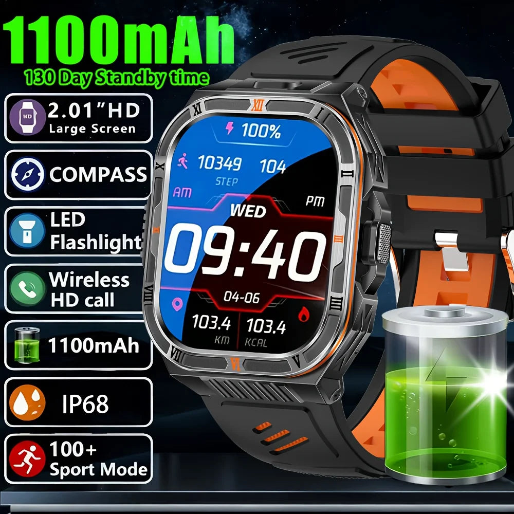 New Smart Watch Men 2.01"HD Screen 3ATM Waterproof Flashlight Health Monitor 1100mAh Battery Sport Bluetooth Call Smartwatch