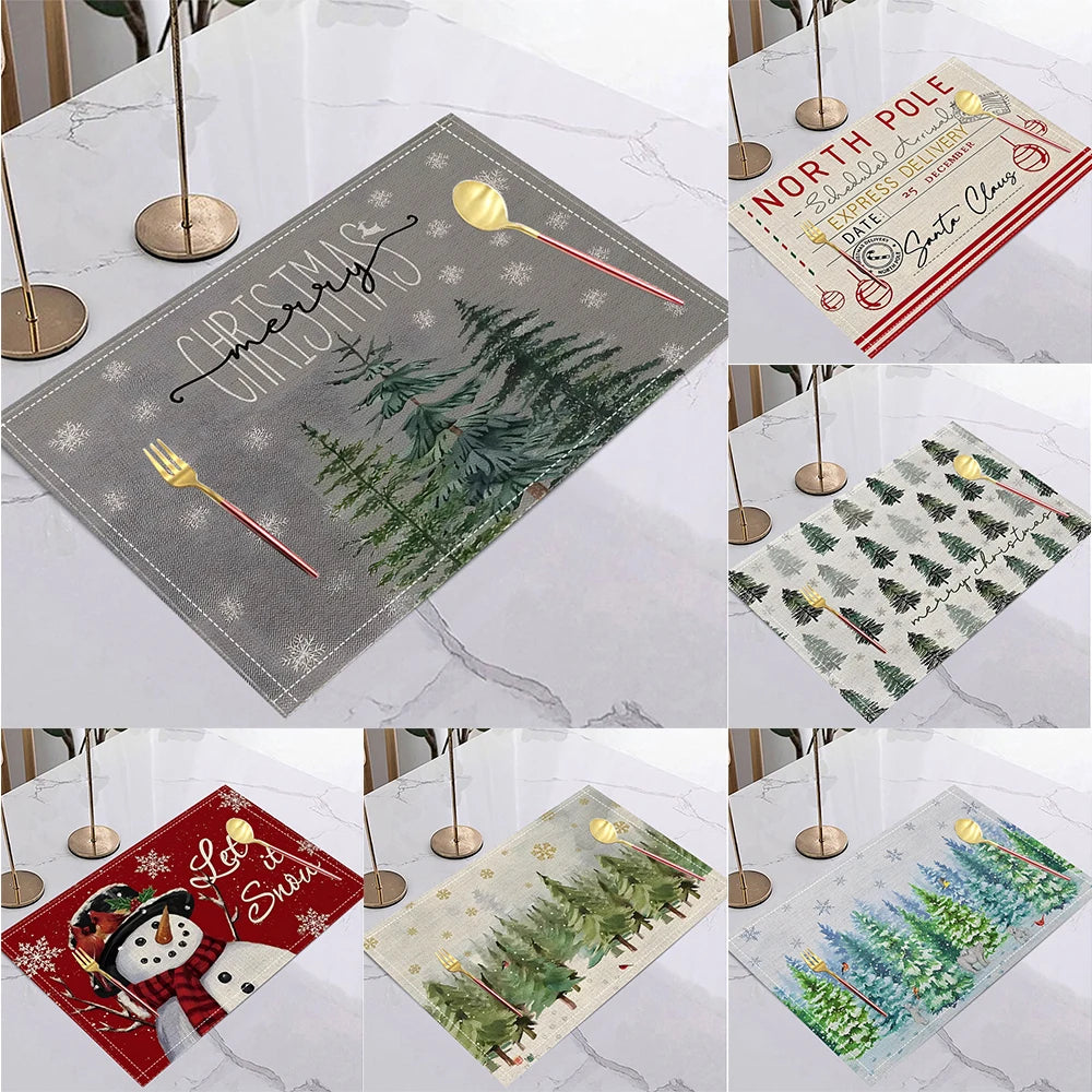 4/6/8PCS Christmas Tree Placemats Linen Non Slip Table Mats Rectangular Non Slip Dining Table for Kitchen Home Decor Essentials