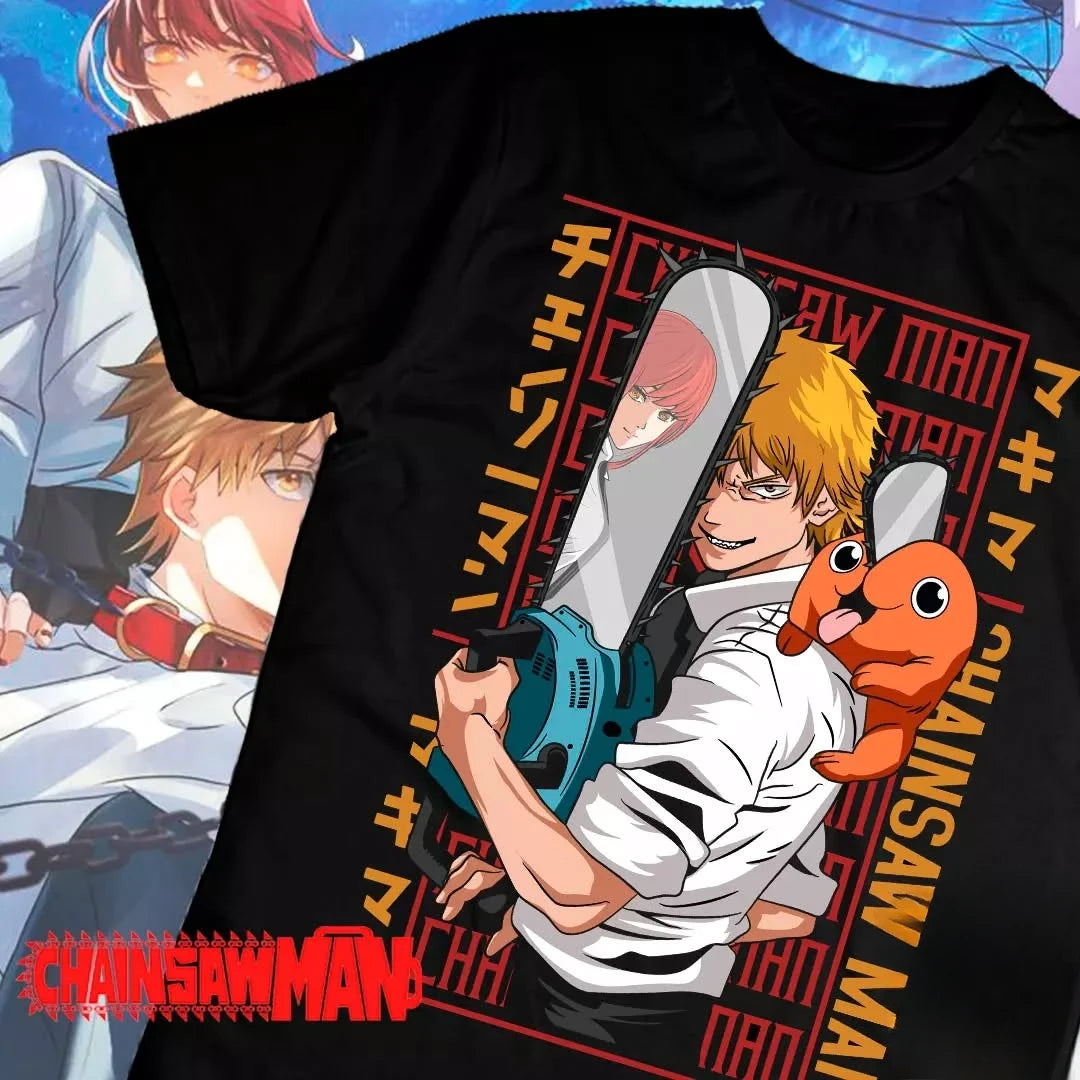 Chainsaw Man Japanese Anime Cotton Pattern Printed Short Sleeve T-shirt Retro Men Women Kids Casual Loose Streetwear Top Tees