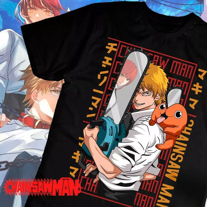 Chainsaw Man Japanese Anime Cotton Pattern Printed Short Sleeve T-shirt Retro Men Women Kids Casual Loose Streetwear Top Tees