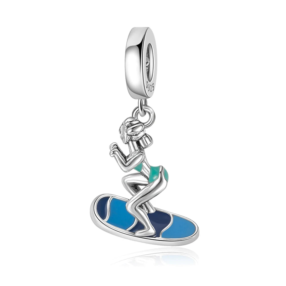 Leisurely 925 Sterling Silver Beach Trip Hawaiian Bikini Surf Coconut Tree Charm Fit DIY Bracelet Necklace Travel Souvenirs
