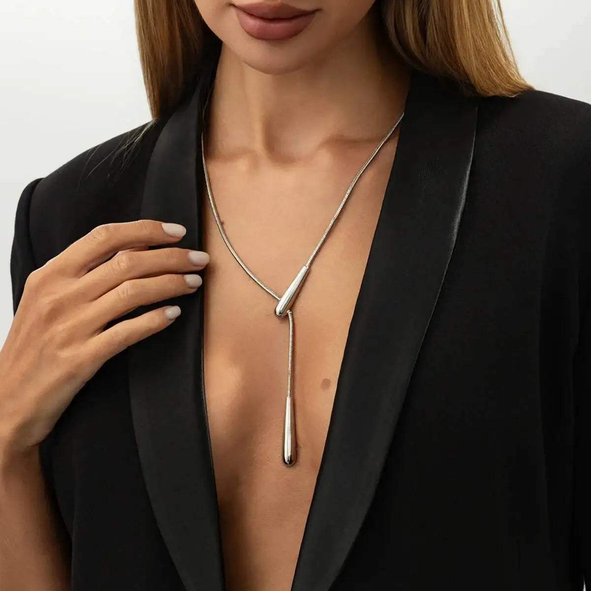 Salircon Trendy Smooth Metal Waterdrop Pendant Necklace Women Hip Hop Punk Simple Sweater Chain Jewelry On The Neck Accessories
