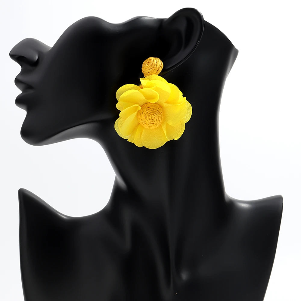 Summer Colorful Lafite Chiffon Flower Earrings for Women Boho Handwoven 3D Flower Fabric Drop Earring Beach Party Jewelry Gifts