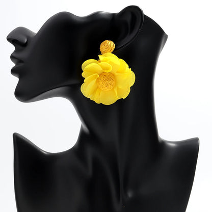 Summer Colorful Lafite Chiffon Flower Earrings for Women Boho Handwoven 3D Flower Fabric Drop Earring Beach Party Jewelry Gifts