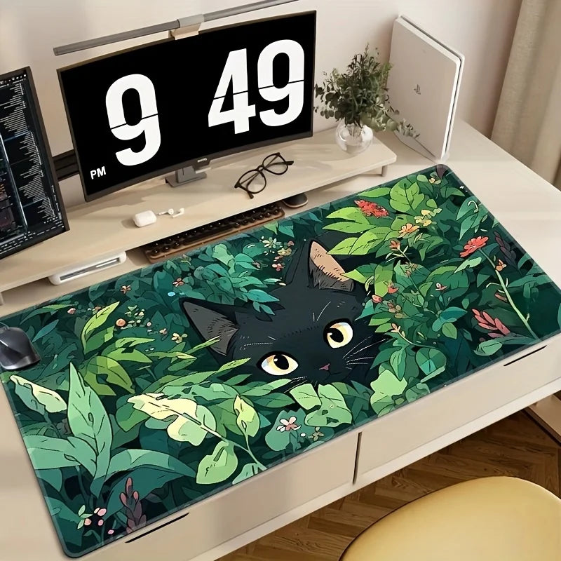 Black Cat Mouse Pad in The Grass,anti-slip Rubber Game Pad,durable Table Pad, Stitched Edges,suitable for Home Office and Gaming
