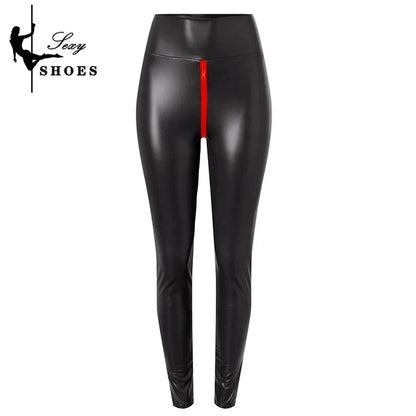 Open Crotch Pants for Women Sexy Black Matte Leather Double Zipper Bodycon Trousers Ladies Exotic Slim Nightclub Leggings Custom