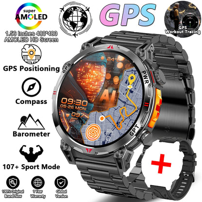 2026 New Outdoor Sports Smartwatch Men GPS Positioning 650mAh HD Call 1.56-inch AMOLED Screen Compass 5ATM Waterproof Watch Man